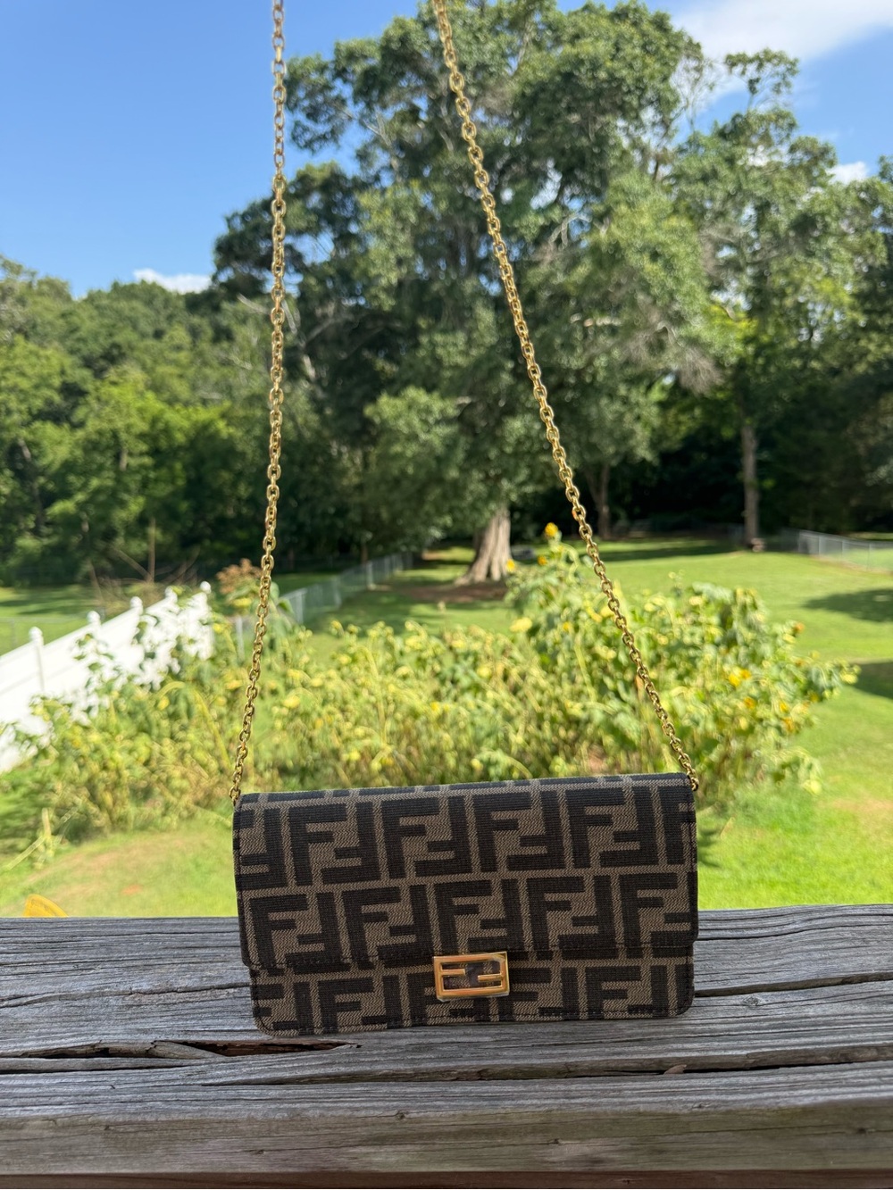 Zucca Canvas Wallet on a chain in Brown and Black with Gold Hardware - Picture 5 of 6